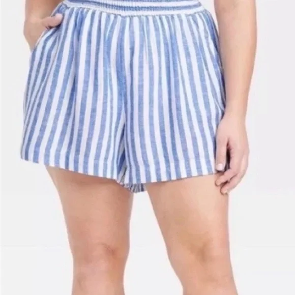 Ava Vic Shorts Blue White Striped Linen Blend Preppy Beach - Picture 2 of 13